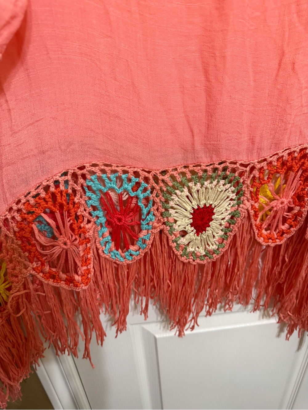 NWT Miracle S M pp21 Coral Boho colorful Crochet accents Fringe Tunic Top - Picture 4 of 10